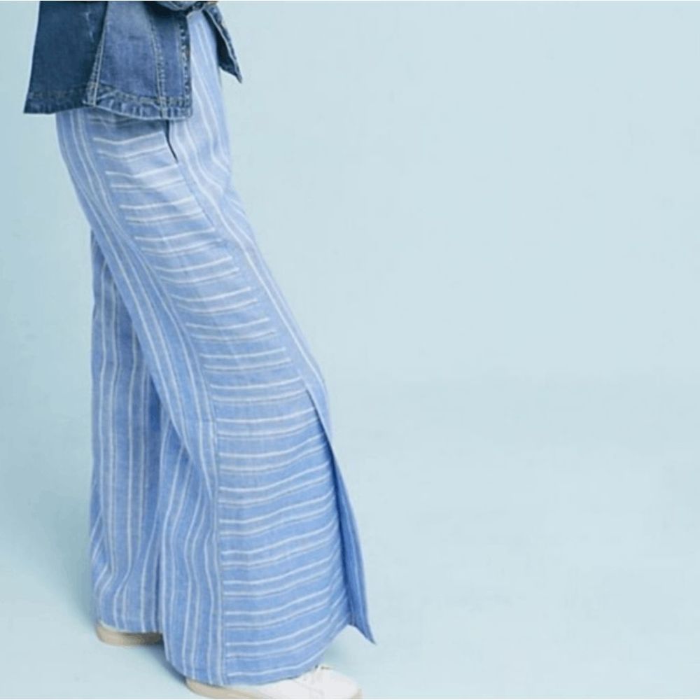 Anthropologie ETT TWA Blue & White Striped Linen Wide Leg Pants with Rope Belt - Picture 1 of 3